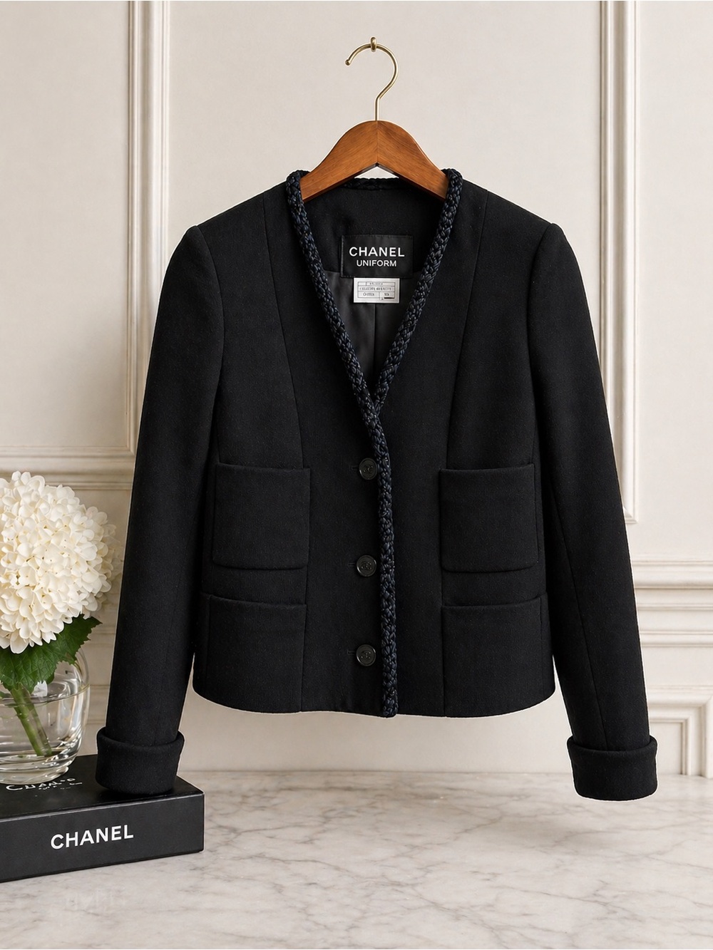 Chanel Uniform Black Cropped Jacket – Tweed Trim – Size 38 (Fits Small)